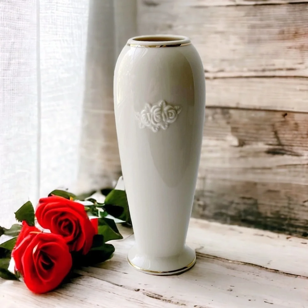 LENOX Vintage 80s Rose Blossom 24K Gold Trimmed Fine China Vase